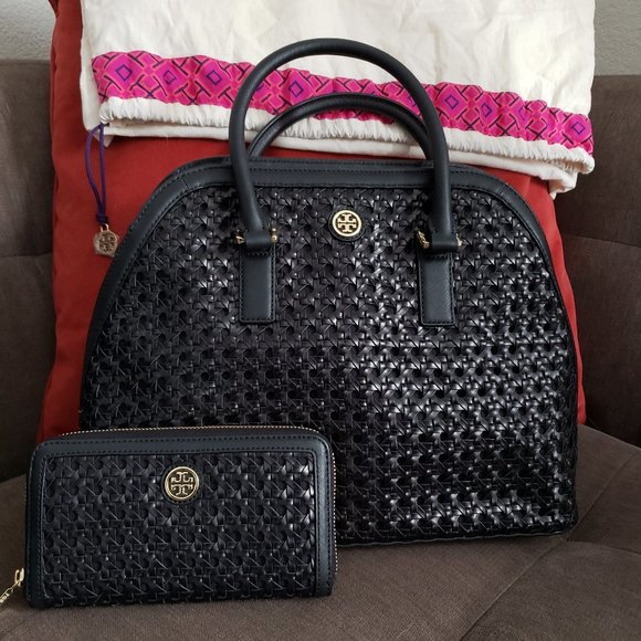 Tory Burch Handbags - Tory Burch Woven Reva Dome Tote & Wallet